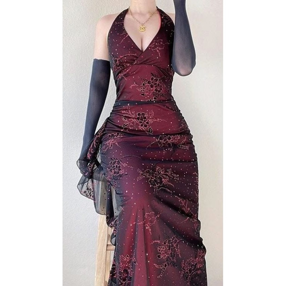 Y2K Taboo Halter dress Small Black red mesh burnout Prom Whimsigoth Vampire 90's